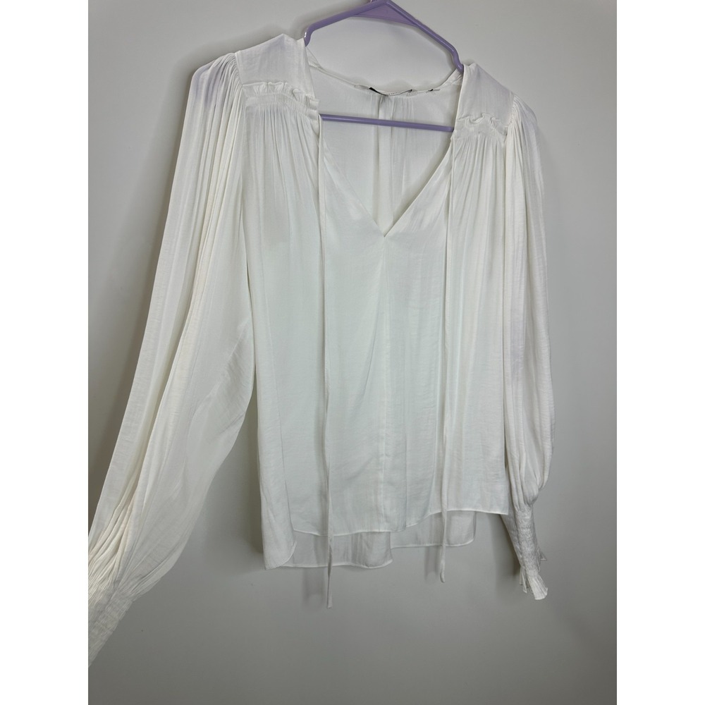 Rebecca Taylor Sateen Tie Neck Smocked Ruffle Cuff Blouse XS Off White Luxury - Picture 10 of 16